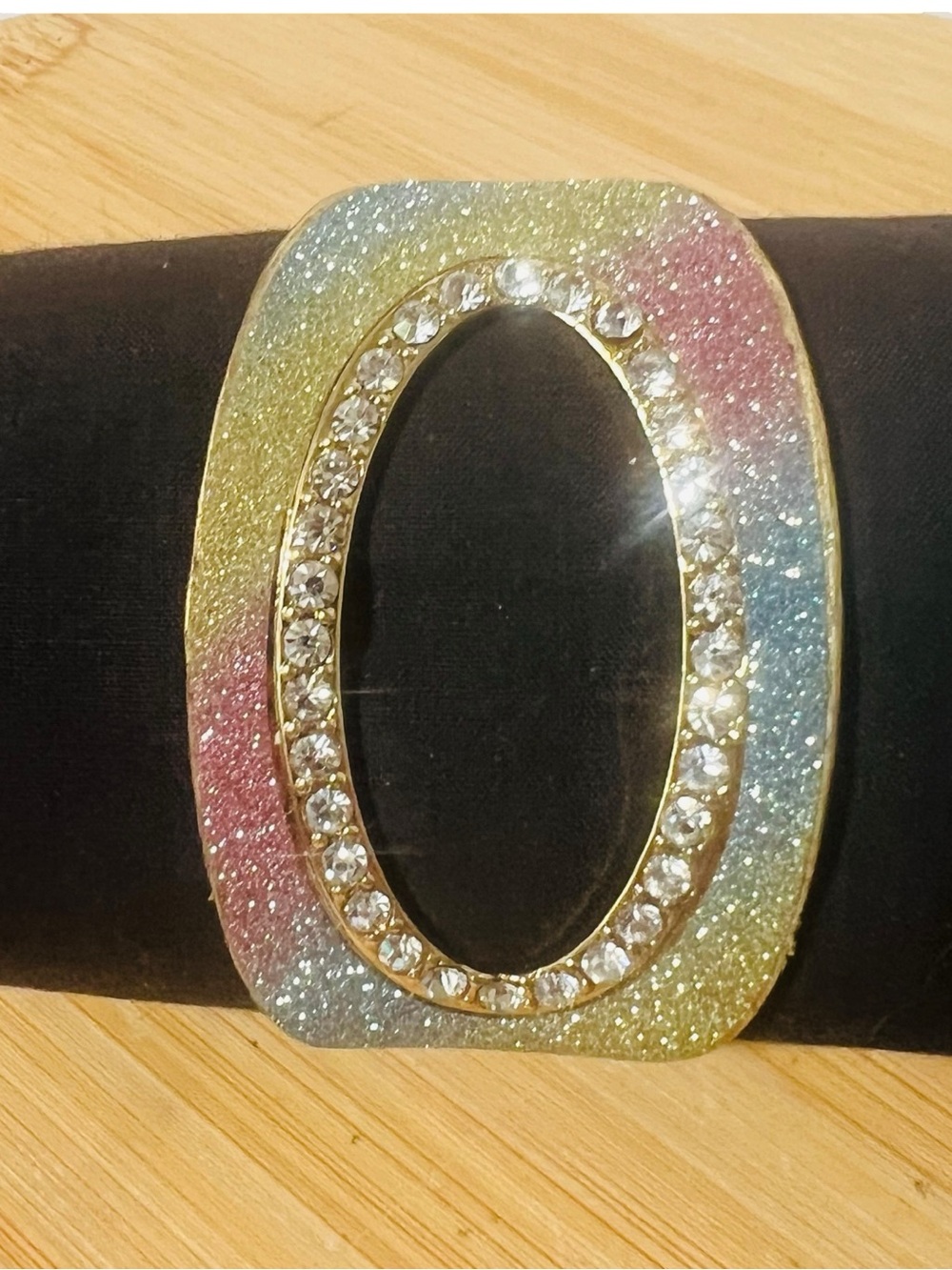 NWOT Sparkling Bangle, Gold Rainbow Rhinestone Chunky Wide Hinge Open Cuff